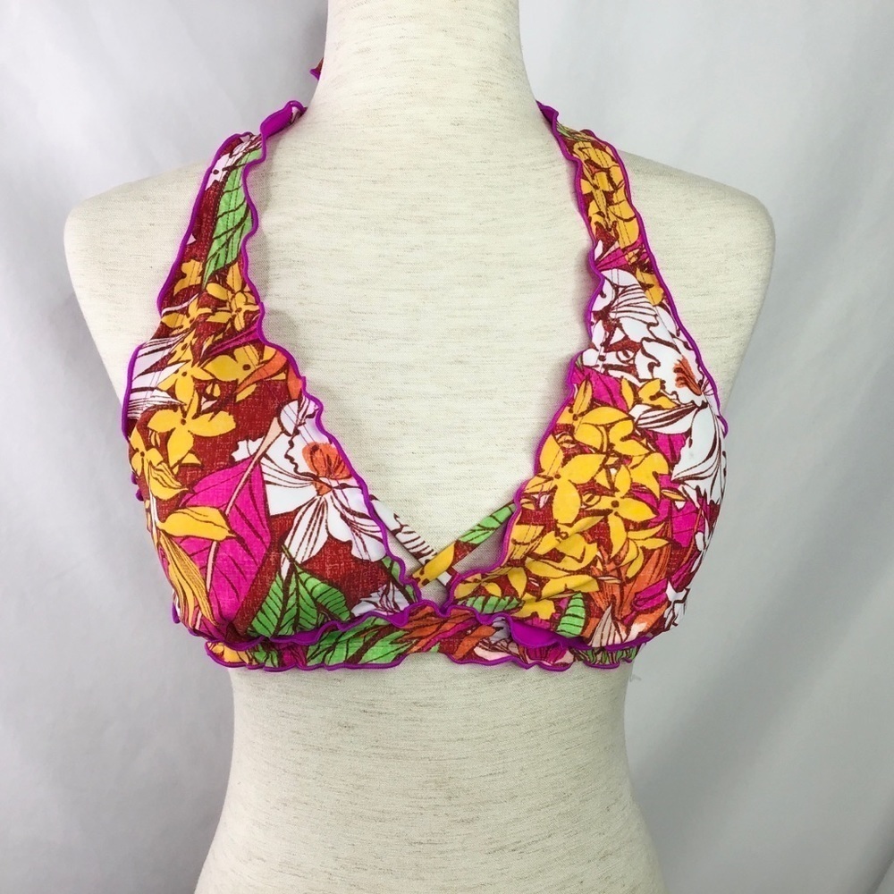 BCA Rebecca Virtue Size M Bikini Top Halter Floral Tropical Flowers Purp…